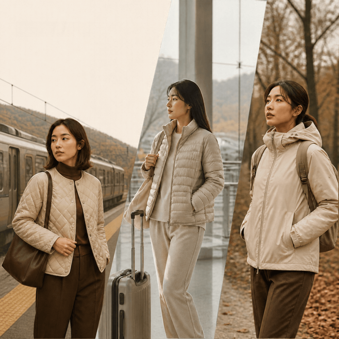 출퇴근용 퀼팅 재킷, 여행용 경량 패딩, 야외활동용 후드 다운을 입은 여성 세 명을 비교한 2026 여성 경량 패딩 선택 가이드 이미지.