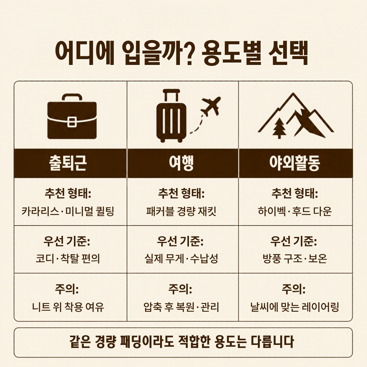 출퇴근, 여행, 야외활동에 적합한 여성 경량 패딩 형태와 선택 기준 및 주의사항을 비교한 표.